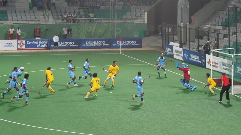 Indian players in action during a field hockey match