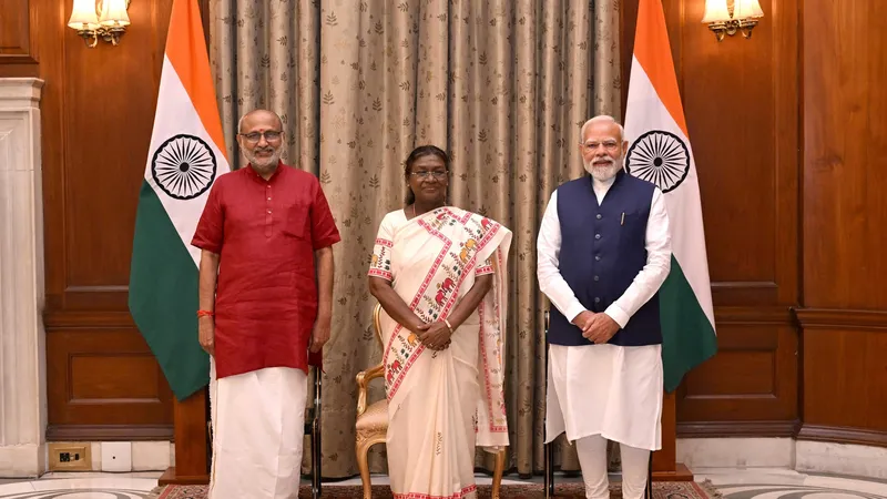 C.P. Radhakrishnan with President Droupadi Murmu and Prime Minister Narendra Modi at Rashtrapati Bhavan